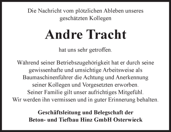 Traueranzeige von Andre Tracht von Volksstimme Halberstadt
