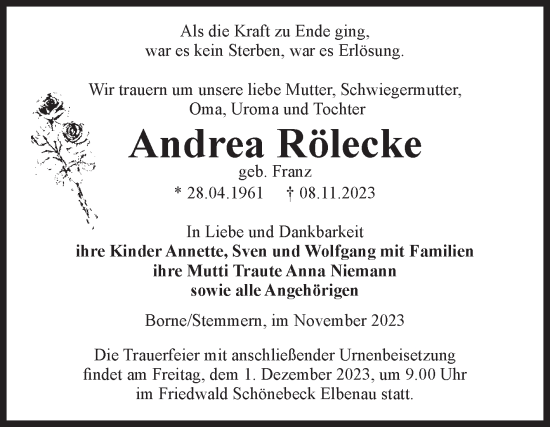 Traueranzeige von Andrea Rölecke von Volksstimme Magdeburg