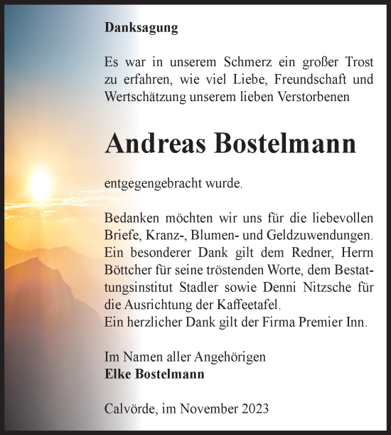 Traueranzeige von Andreas Bostelmann von Volksstimme Haldensleben/Wolmirstedt