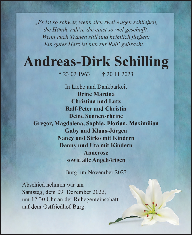  Traueranzeige für Andreas-Dirk Schilling vom 25.11.2023 aus Volksstimme Burg/Genthin
