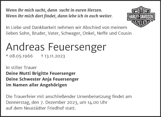 Traueranzeige von Andreas Feuersenger von Mitteldeutsche Zeitung Halle/Saalkreis