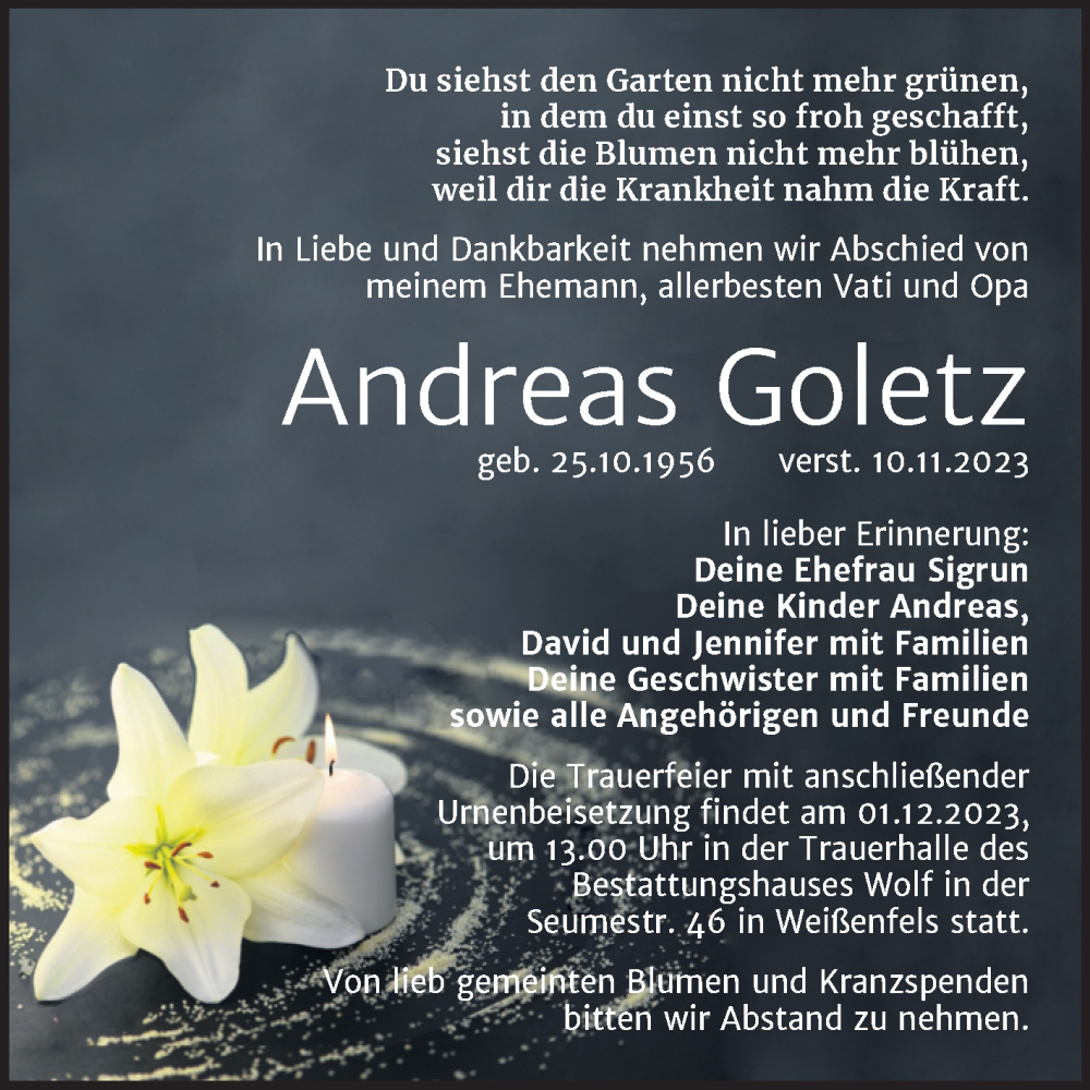  Traueranzeige für Andreas Goletz vom 22.11.2023 aus Trauerkombi Weißenfels
