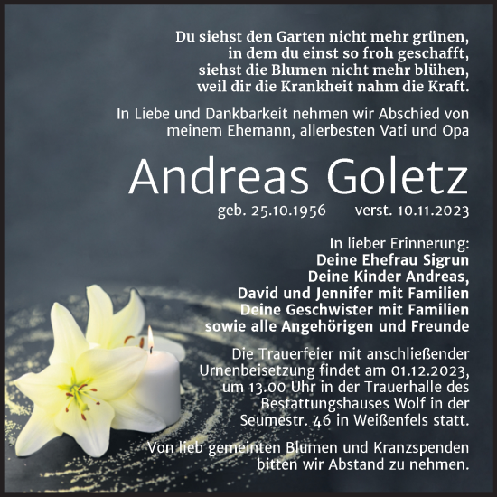 Traueranzeige von Andreas Goletz von Trauerkombi Weißenfels