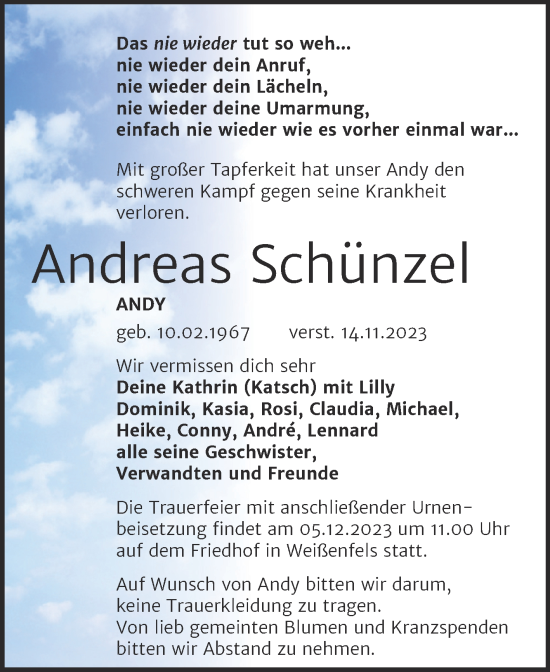 Traueranzeige von Andreas Schünzel von Trauerkombi Weißenfels