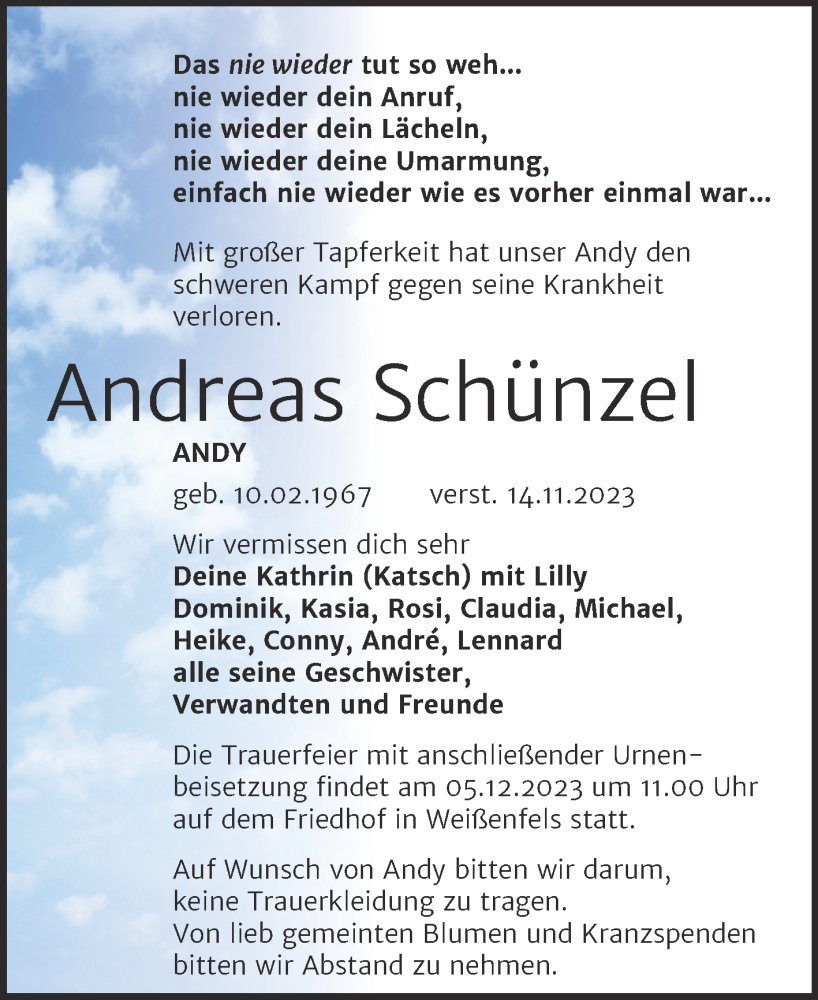  Traueranzeige für Andreas Schünzel vom 25.11.2023 aus Trauerkombi Weißenfels
