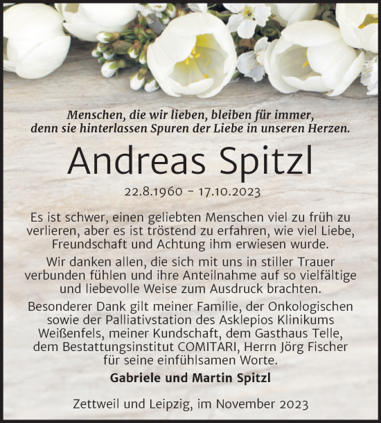 Traueranzeige von Andreas Spitzl von Trauerkombi Zeitz