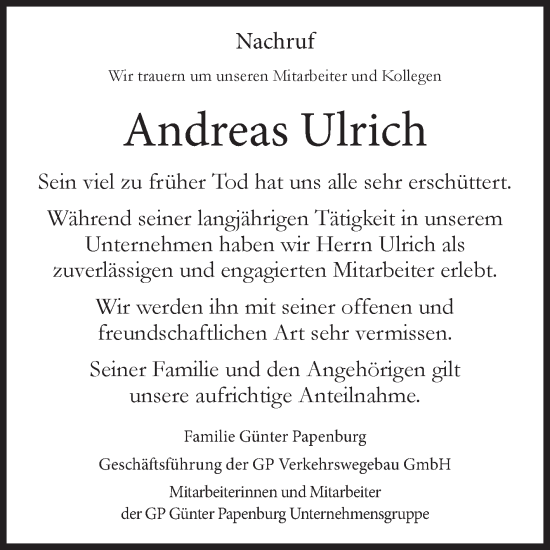 Traueranzeige von Andreas Ulrich von Mitteldeutsche Zeitung Halle/Saalkreis