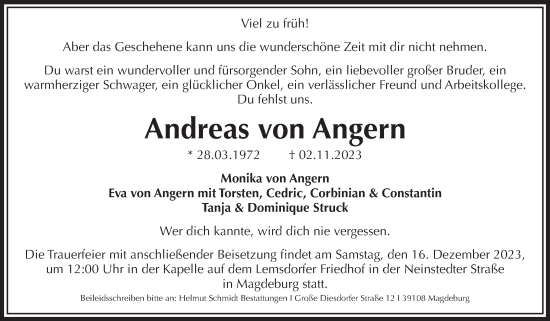 Traueranzeige von Andreas von Angern von Volksstimme Magdeburg