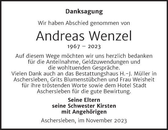 Traueranzeige von Andreas Wenzel von Trauerkombi Aschersleben