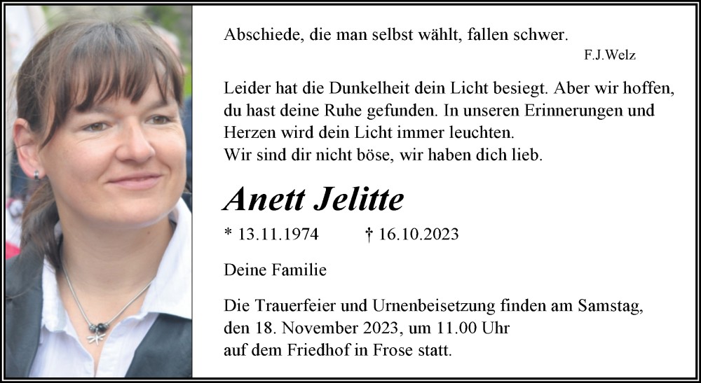  Traueranzeige für Anett Jelitte vom 11.11.2023 aus Trauerkombi Aschersleben