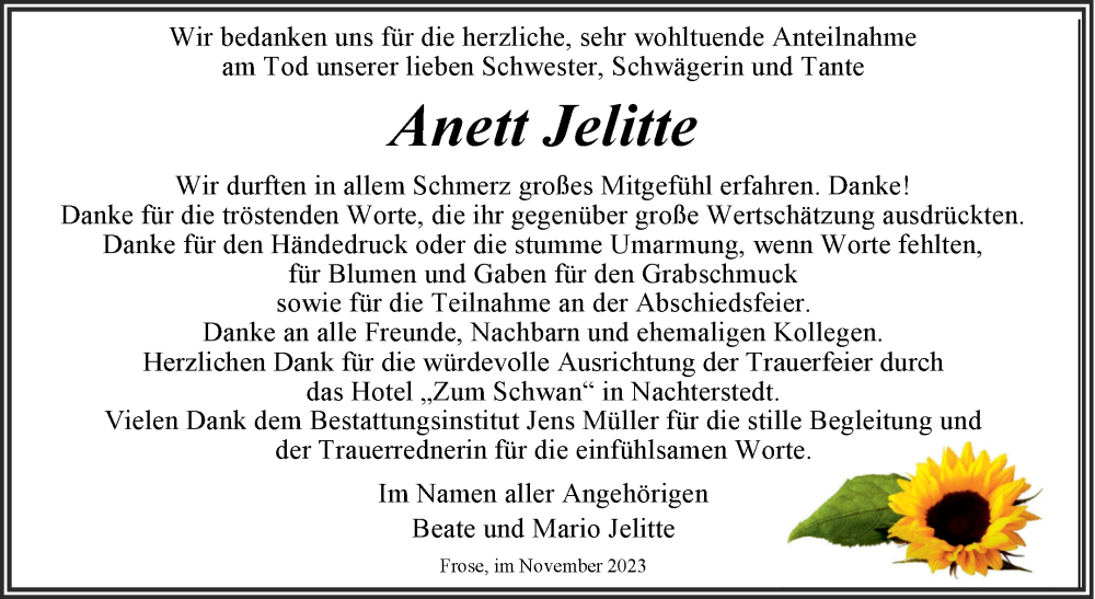  Traueranzeige für Anett Jelitte vom 25.11.2023 aus Trauerkombi Aschersleben
