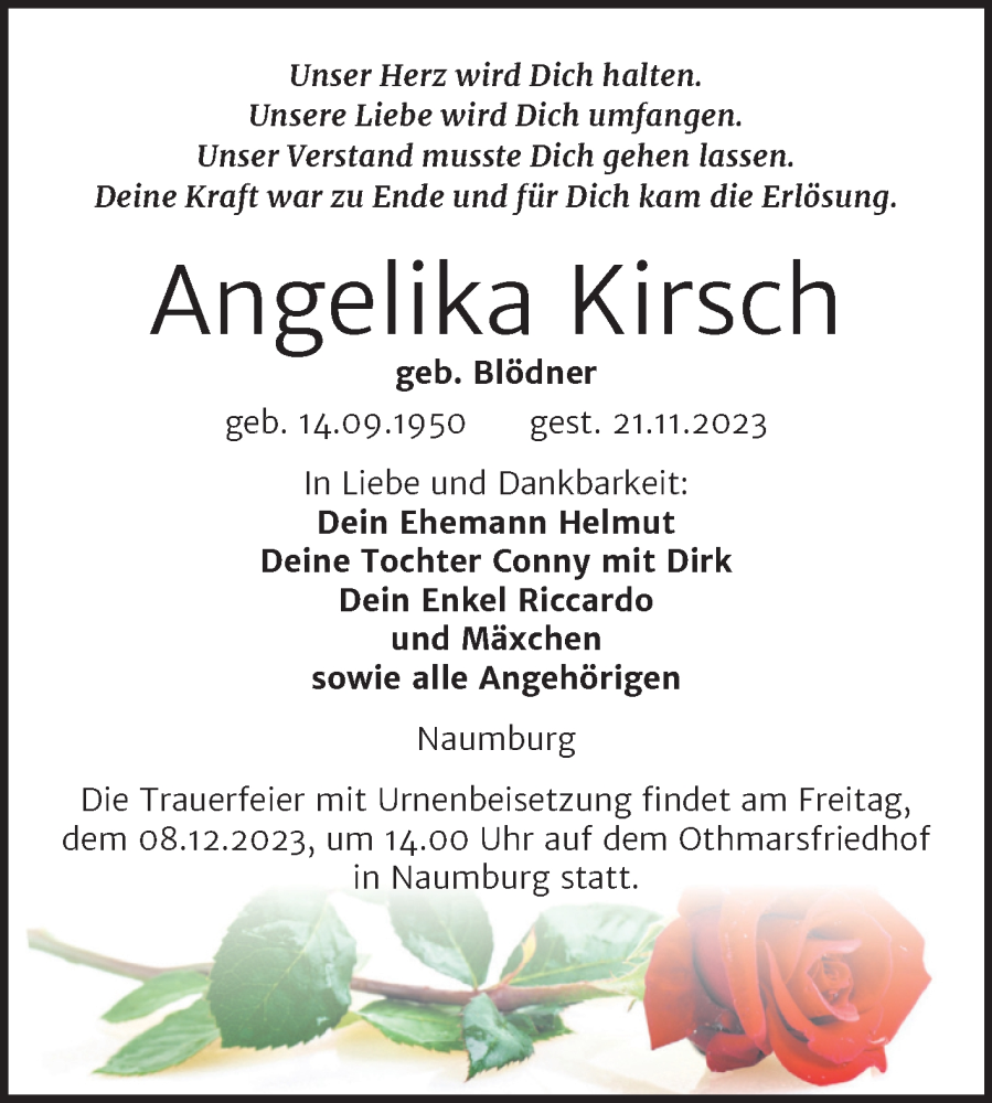 Traueranzeige für Angelika Kirsch vom 25.11.2023 aus Naumburger Tageblatt