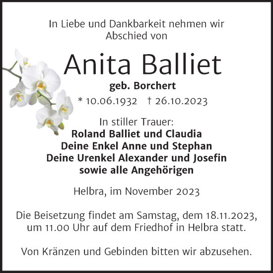 Traueranzeige von Anita Balliet von Trauerkombi Mansfelder Land