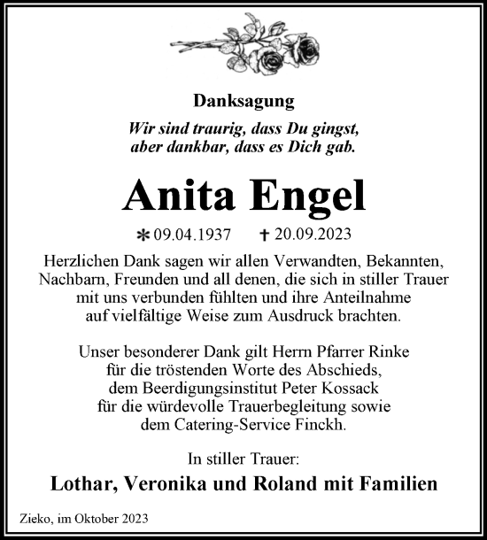 Traueranzeige von Anita Engel von Trauerkombi Wittenberg