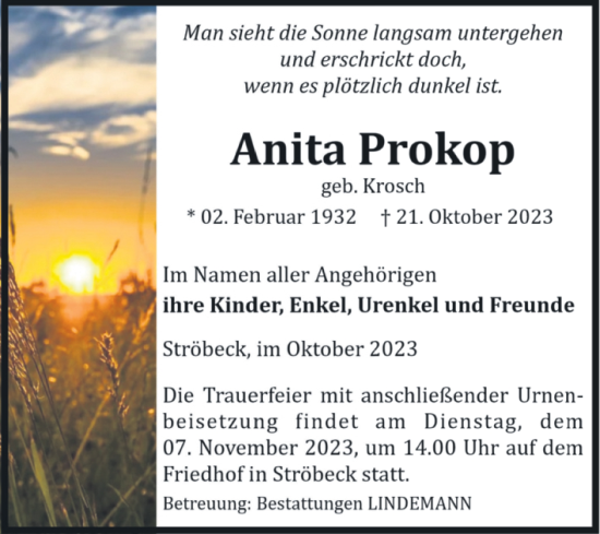 Traueranzeige von Anita Prokop von Volksstimme Halberstadt