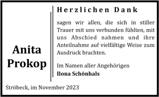 Traueranzeige von Anita Prokop von Volksstimme Halberstadt