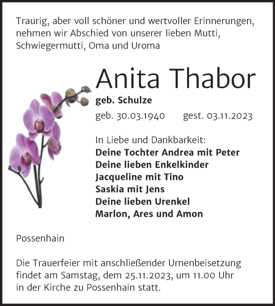 Traueranzeige von Anita Thabor von Wochenspiegel Naumburg/Nebra