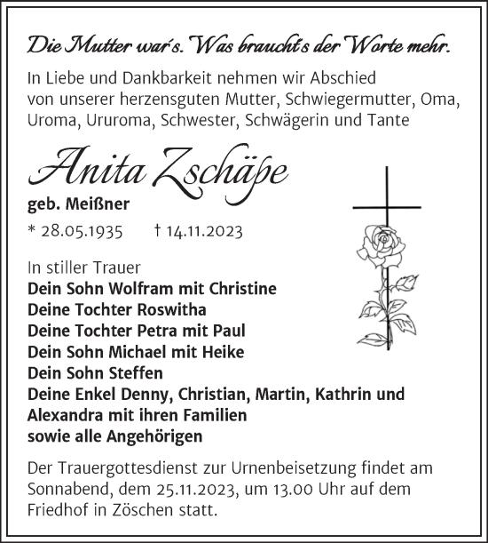 Traueranzeige von Anita Zschäpe von Trauerkombi Merseburg