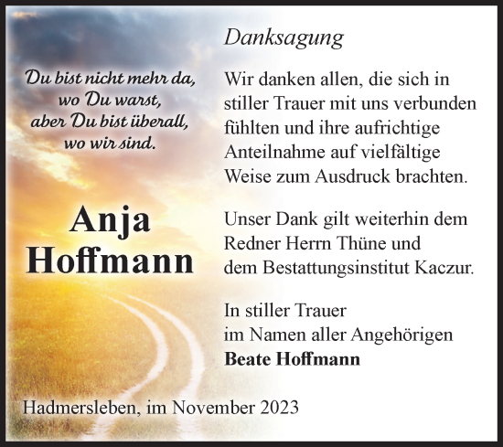 Traueranzeige von Anja Hoffmann von Volksstimme Oschersleben/Wanzleben