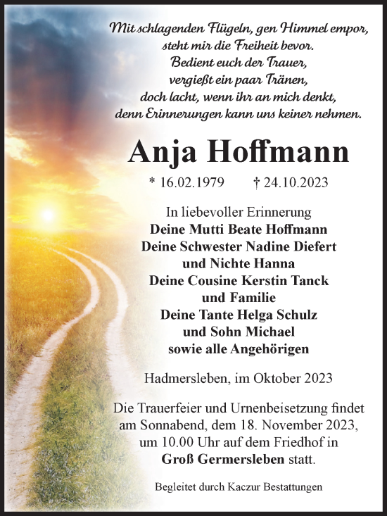 Traueranzeige von Anja Hoffmann von Volksstimme Oschersleben/Wanzleben