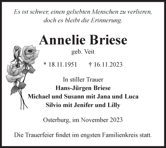 Traueranzeige von Annelie Briese von Volksstimme Altmark Ost