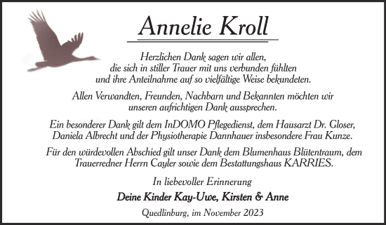 Traueranzeige von Annelie Kroll von Trauerkombi Quedlinburg