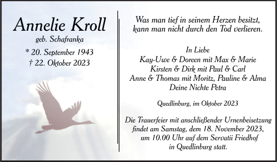 Traueranzeige von Annelie Kroll von Trauerkombi Quedlinburg