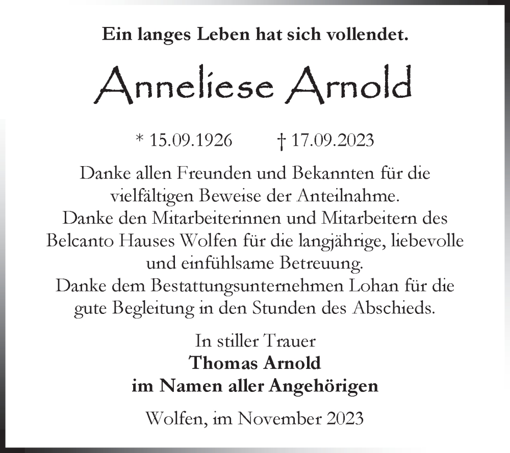  Traueranzeige für Anneliese Arnold vom 04.11.2023 aus Trauerkombi Bitterfeld