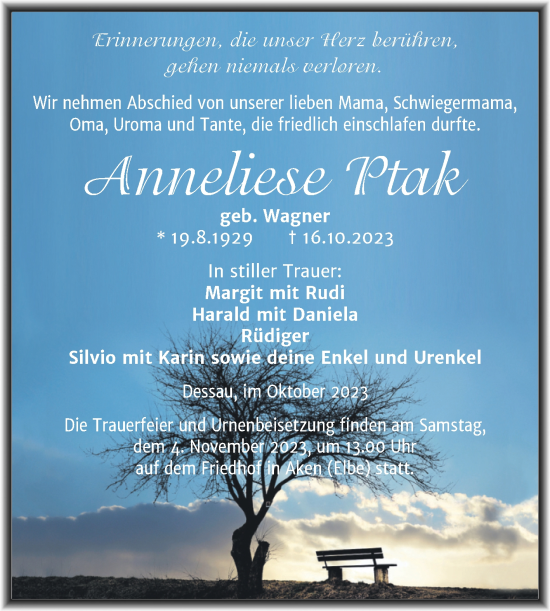 Traueranzeige von Anneliese Ptak von Trauerkombi Dessau