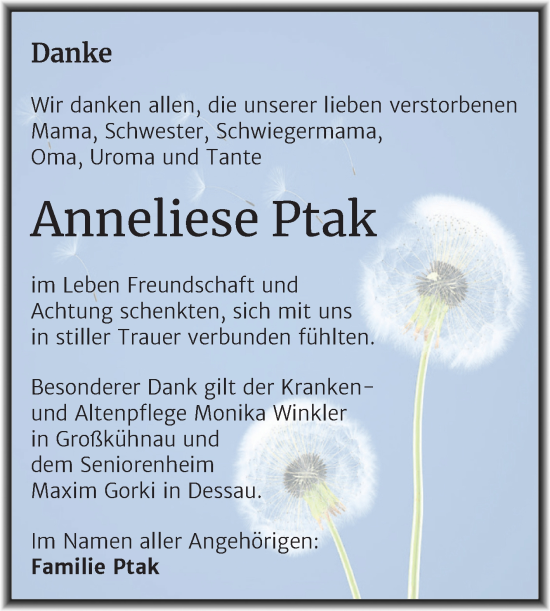 Traueranzeige von Anneliese Ptak von Trauerkombi Dessau