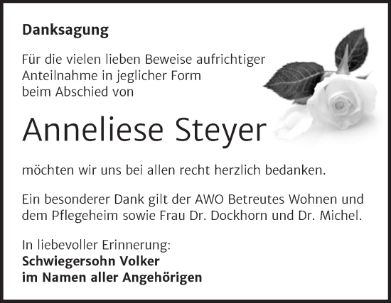 Traueranzeige von Anneliese Steyer von Trauerkombi Mansfelder Land