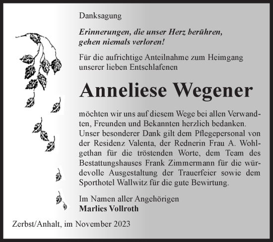 Traueranzeige von Anneliese Wegener von Volksstimme Zerbst