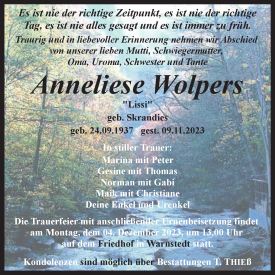 Traueranzeige von Anneliese Wolpers von Trauerkombi Quedlinburg