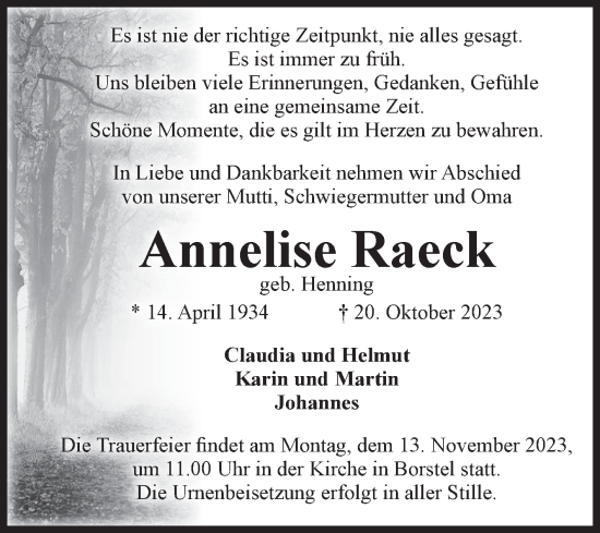 Traueranzeige von Annelise Raeck von Volksstimme Altmark Ost