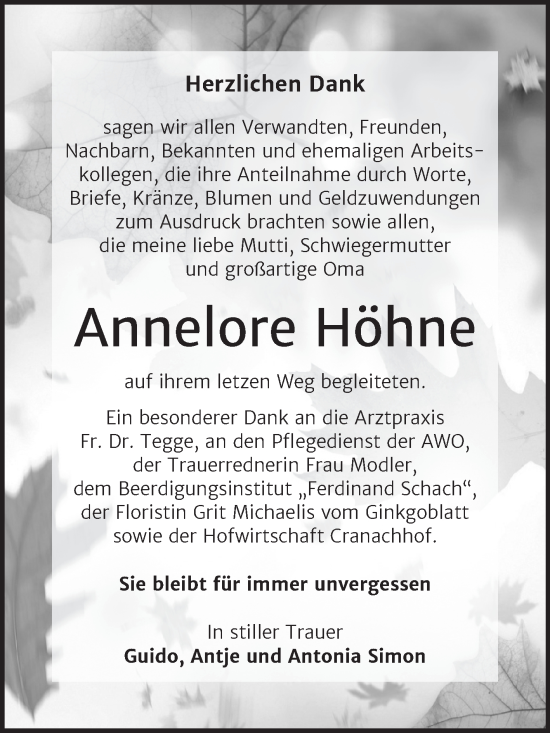 Traueranzeige von Annelore Höhne von Trauerkombi Wittenberg