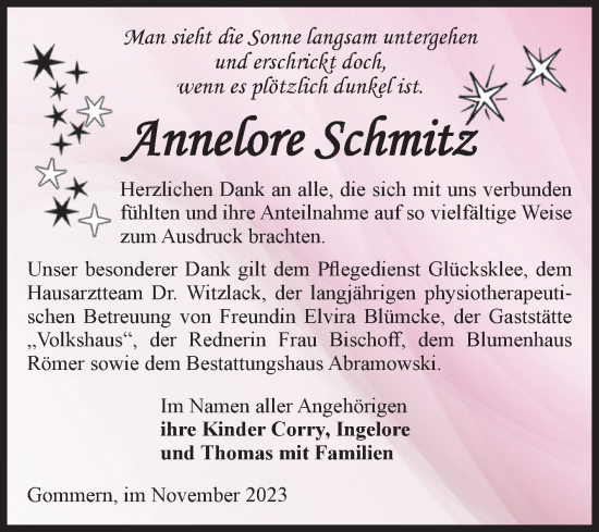 Traueranzeige von Annelore Schmitz von Volksstimme Burg/Genthin