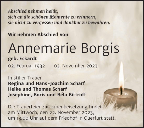 Traueranzeige von Annemarie Borgis von Trauerkombi Merseburg