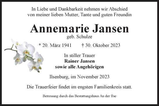 Traueranzeige von Annemarie Jansen von Volksstimme Wernigerode
