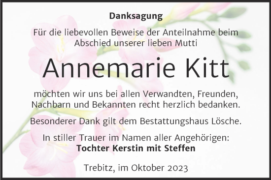 Traueranzeige von Annemarie Kitt von Trauerkombi Wittenberg
