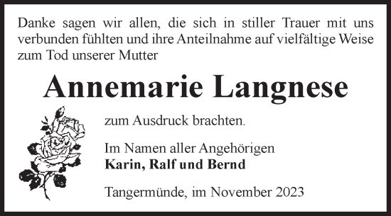 Traueranzeige von Annemarie Langnese von Volksstimme Altmark Ost