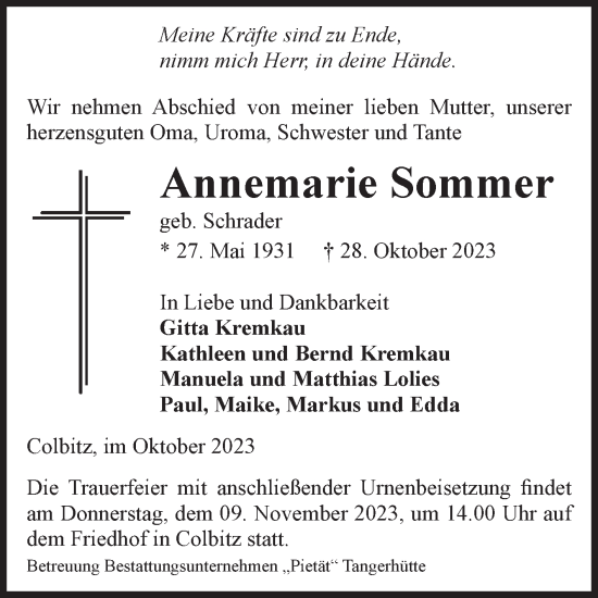 Traueranzeige von Annemarie Sommer von Volksstimme Haldensleben/Wolmirstedt