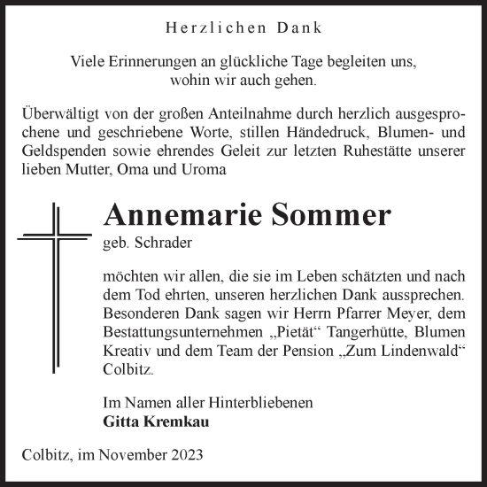 Traueranzeige von Annemarie Sommer von Volksstimme Haldensleben/Wolmirstedt