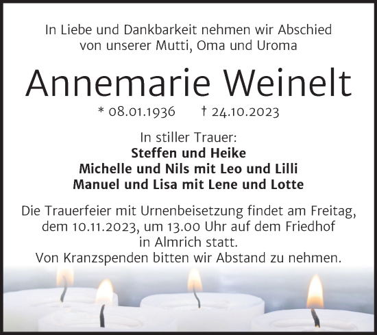 Traueranzeige von Annemarie Weinelt von Wochenspiegel Naumburg/Nebra
