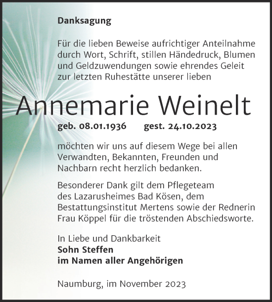 Traueranzeige von Annemarie Weinelt von Wochenspiegel Naumburg/Nebra