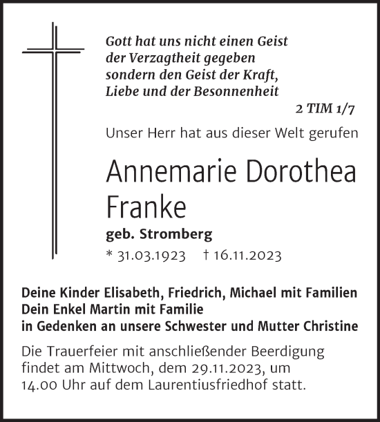 Traueranzeige von Annemarie Dorothea Franke von Mitteldeutsche Zeitung Halle/Saalkreis