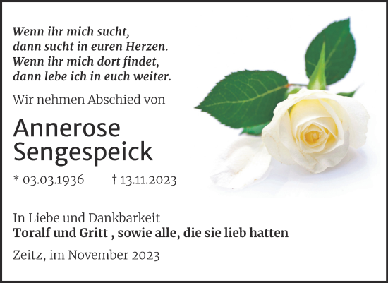 Traueranzeige von Annerose Sengespeick von Trauerkombi Zeitz