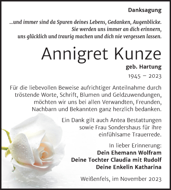 Traueranzeige von Annigret Kunze von Trauerkombi Weißenfels