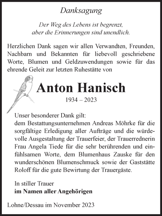 Traueranzeige von Anton Hanisch von Volksstimme Altmark Ost