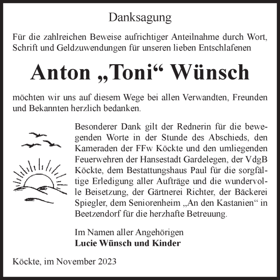 Traueranzeige von Anton Wünsch von Volksstimme Altmark West