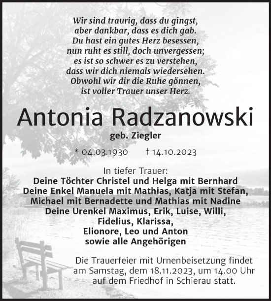 Traueranzeige von Antonia Radzanowski von Trauerkombi Bitterfeld